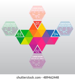 Vector info graphic template. Vector design from the hexagons divided into multi-colored triangles.