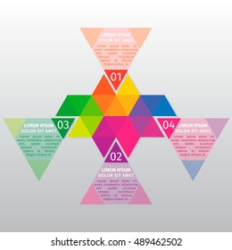 Vector info graphic template. Vector design from the hexagons divided into multi-colored triangles.