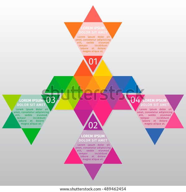 Vector info graphic template.\
Vector design from the hexagons divided into multi-colored\
triangles.