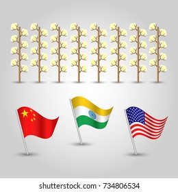 vector info graphics - set of three flags of states with biggest production of cotton and several plants - countries united states of america, china and india