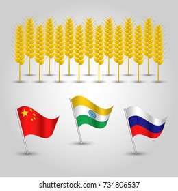 vector info graphics - set of three flags of states with biggest production of wheat and several grain cobs - countries  china, india and russia