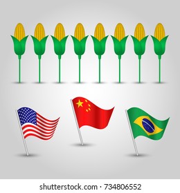 vector info graphics - set of three flags of states with biggest production of maize and several corn cobs - countries united states of america, china and brazil