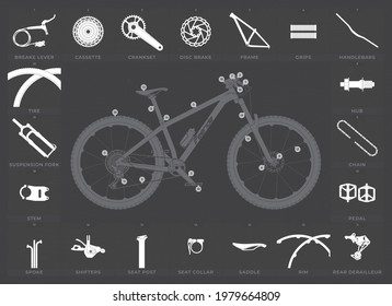 Vector info mountain bike specifications with white icon parts. Picture with lots of details. dark background.