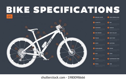 Vector info mountain bike specifications. Picture with lots of details. Dark Blue background.