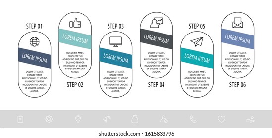 Vector infograph flat template. Shape with six for four diagrams, graph, flowchart, step for step, timeline, presentation. Business concept with 6 labels