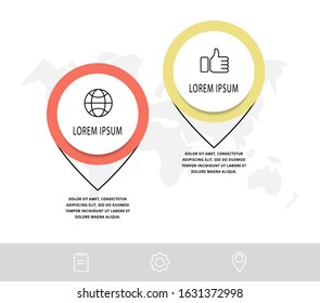 Vector infographic with 2 pins and circles. Used for two diagrams, graphs, flowchart, timeline, marketing, presentation. Creative business concept step by step
