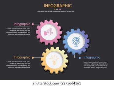 Infografía vectorial con 3 formas de engranaje que muestran hasta 3 pasos o 3 secuencias sobre fondo gris negro con divisiones de color claras para su uso en presentaciones financieras, educativas y empresariales.