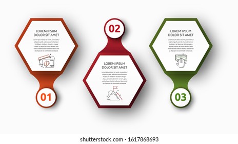 Vector infographic with 3 hexagons and circles. Used for three diagrams, graph, flowchart, timeline, marketing, presentation. Creative business concept step by step