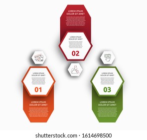 Vector infographic with 3 hexagons with labels. Used for three diagrams, graph, flowchart, timeline, marketing, presentation. Creative business concept step by step