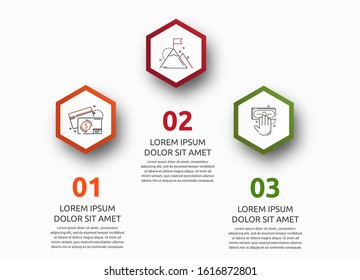 Vector infographic with 3 hexagons. Used for three diagrams, graph, flowchart, timeline, marketing, presentation. Creative business concept step by step