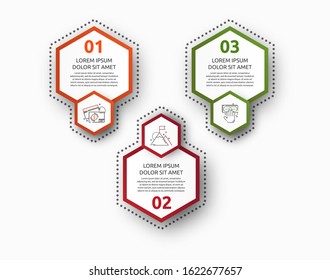 Vector infographic with 3 hexagons. Used for three diagrams, graph, flowchart, timeline, marketing, presentation. Creative business concept step by step