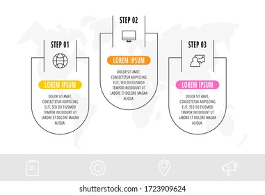 Infografía vectorial con 3 etiquetas e iconos. Plantilla de tres opciones de negocio correctas. Diseño plano para gráficos lineales, presentaciones, banners, diagramas, escala de tiempo