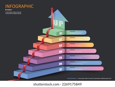Vector infographic is 3D beautiful colorful stairs on black gray background with arrows showing ascending of levels, arrow showing direction of ascending levels concept idea for presentations. 
