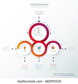 Vector Infographic 3D circle label design, Arrows sign and 3 options or steps. Can be used for business, infograph template, process infographics, diagram chart, flowchart, processes diagram,time line