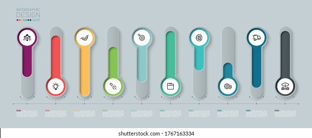 Vector Infographic 3d long circle label, infographic with number 10 options processes.