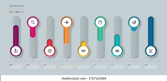 Vector Infographic 3d long circle label, infographic with number 9 options processes.