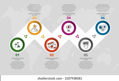 Vector infographic 3D template circles for six arrow, diagram, graph, presentation. Business concept with 6 options. Blank space for content, step for step, timeline, workflow, marketing, web