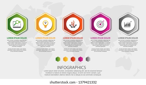 Vector infographic 3D template polygons with rounded corners for five label, diagram, graph, presentation. Business concept with 5 options. For content, flowchart, steps, timeline, workflow. EPS10