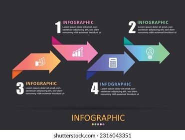 Vector infographic with 4 arrows facing the same direction,clear color isolated on black gray background,represents timeline step or planning work for financial education and management presentation.