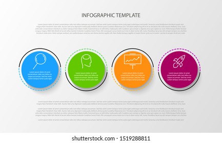 Vector Infographic with 4 color circle icons with shadow. Simple minimal line design. Use for your presentation, business meeting, workflow and more