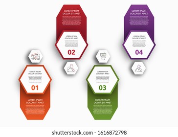 Vector infographic with 4 hexagons with labels. Used for four diagrams, graph, flowchart, timeline, marketing, presentation. Creative business concept step by step