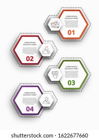 Vector infographic with 4 hexagons. Used for four diagrams, graph, flowchart, timeline, marketing, presentation. Creative business concept step by step