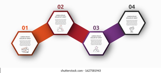 Vector infographic with 4 hexagons. Used for four diagrams, graph, flowchart, timeline, marketing, presentation. Creative business concept step by step