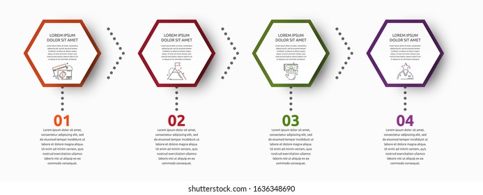 Vector infographic with 4 hexagons. Used for four diagrams, graph, flowchart, timeline, marketing, presentation. Creative business concept step by step