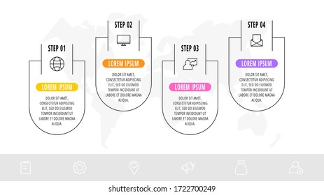 Infografía vectorial con 4 etiquetas e iconos. Plantilla de cuatro opciones de negocio correctas. Diseño plano para gráficos lineales, presentaciones, banner, diagrama, escala de tiempo. Ruta paso a paso