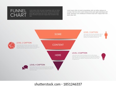 Vector Infographic 4 level layers funnel template with descriptions - reverse red pyramid template on light background