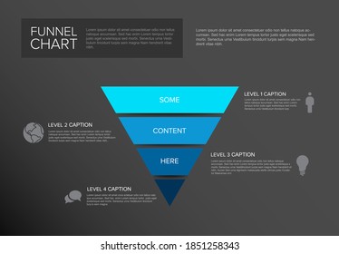 Vector Infographic 4 Level Layers Funnel Template With Descriptions - Reverse Blue Pyramid Template On Dark Background