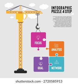 Vector infografía Puzzle de 4 pasos con ilustración creativa de grúa torre, para la presentación de Plantilla de diagrama de negocios. Puzzle infográfico 4 opciones. Vector editable.