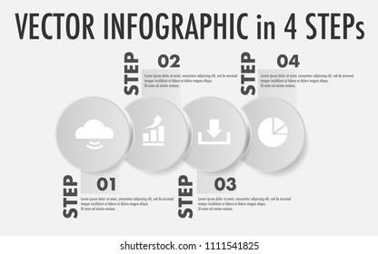 Vector infographic in 4 steps with 4 business icon (cloud stream, upstream graph, down load tray,and pie chart) in two tone(gray to white color) for business background, wallpaper