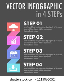 Vector infographic in 4 steps with 4 business icon (cloud stream, upstream graph, down load tray,and calendar) on colorful ribbon with dark gray background for business background, wallpaper