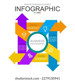 infografía vectorial 4 flechas de cuatro vías intersectan el bloque de plantilla de diagrama. se utiliza para el diagrama de procesos, presentación, flujo de trabajo, diseño de información, banner, gráfico y gráfico.
