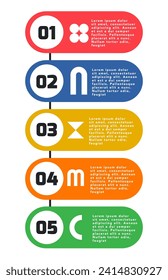 Vector infographic with 5 degrees in vertical with color icons and numbers from 1 to 5 and place for text supplemented with basic icons