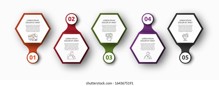 Vector infographic with 5 hexagons and circles. Used for five diagrams, graph, marketing, presentation. Creative business concept