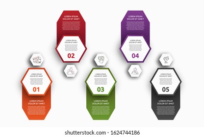Vector infographic with 5 hexagons with labels. Used for five diagrams, graph, flowchart, timeline, marketing, presentation. Creative business concept step by step