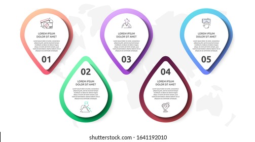 Vector infographic with 5 pins and circles. Used for five diagrams, graphs, flowchart, timeline, marketing, presentation. Creative business concept step by step