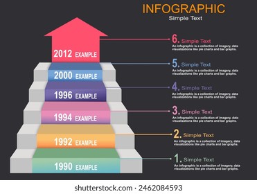 Vector infographic with 5 steps with an arrow pointing up, colored by steps, timeline, planning, development work for presentation in finance, administration, education, modern style.