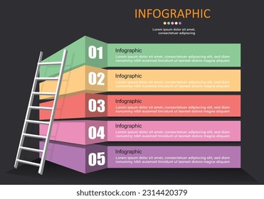 Vector infographic, 5 steps, 5 steps ascending timeline with ladders on the side to represent ascending ascending steps on a black gray background used in financial management classes.