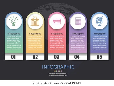 Vector infographic with 5 vertical data storage space with white buttons showing 5 types of icons on black gray background.Used as a presentation of financial and business education for understanding.