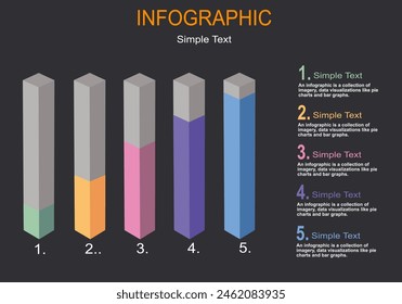 Vector Infographic is a 5-bar graph with colored bars indicating height. Each bar has space for text to present financial matters, management, planning, education, showing development and progress.