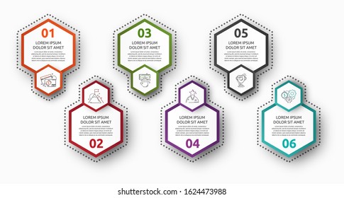 Vector infographic with 6 hexagons. Used for six diagrams, graph, flowchart, timeline, marketing, presentation. Creative business concept step by step