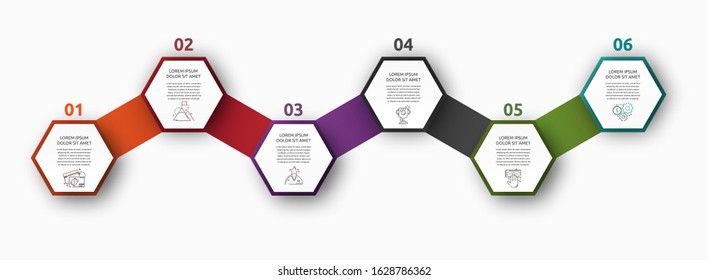 Vector infographic with 6 hexagons. Used for six diagrams, graph, flowchart, timeline, marketing, presentation. Creative business concept step by step