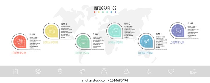 Infografía vectorial con 6 pines. Se utiliza para seis diagramas, gráficos, diagrama de flujo, escala de tiempo, marketing, presentación. Concepto de negocio creativo paso a paso