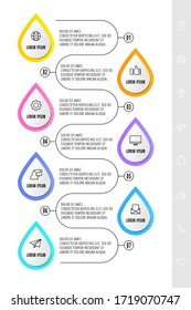 Vector infographic with 7 drops and icons. Template of seven business options. Modern design for flowchart, presentations, banner, diagram, timeline. Path step by step
