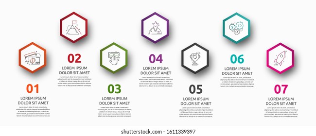 Vector infographic with 7 hexagons. Used for six diagrams, graph, flowchart, timeline, marketing, presentation. Creative business concept step by step