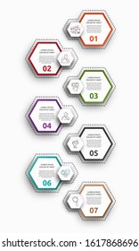 Vector infographic with 7 hexagons. Used for seven diagrams, graph, flowchart, timeline, marketing, presentation. Creative business concept step by step
