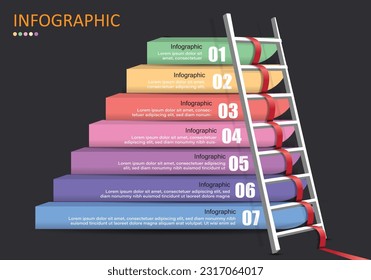 Vector infographic 7 white steps ladder with red ribbon lines showing ascending sequence over gray and black background for finance, education, administration or planning presentation.